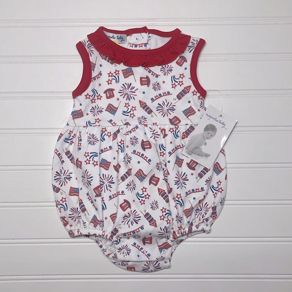 MAGNOLIA BABY NWT 100% Pima Cotton Red White & Blue Firework USA Flag Bubble
